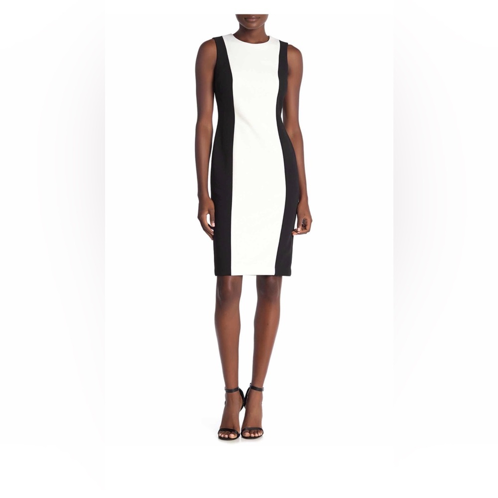 Calvin Klein Colorblock Sleeveless Crepe Sheath white black Dress